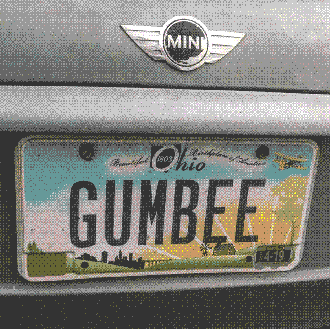 An image of a vanity plate with the text GUMBEE.